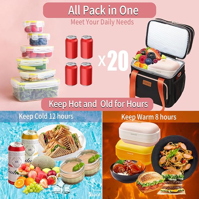 GLENKEY Expandable Insulated Lunch Box for Women Men, Double Deck Large Lunch Bag Tote Leakproof Lunch Cooler with Shoulder Strap for Adults Work Shift Outdoor Picnic Daytrip