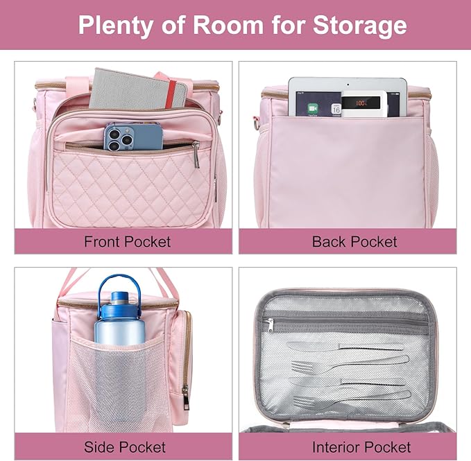 GLENKEY Insulated Lunch Box for Women, Lightweight Large Lunch Bag Leakproof Soft Cooler Bags with Shoulder Strap for Adults Work Flight Beach Travel, Pink, 12L