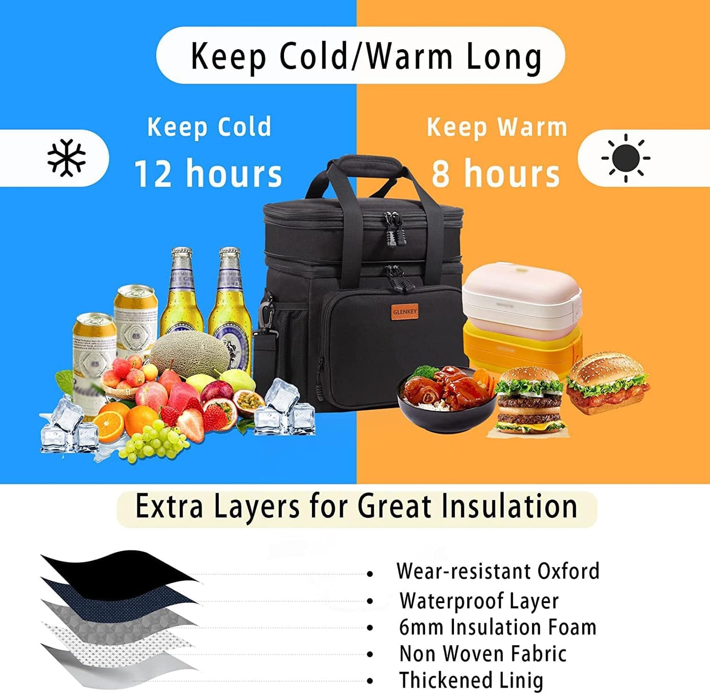 GLENKEY Expandable Xlarge Lunch Box, Insulated Heavy Duty Lunch Bag Waterproof Leakproof Durable Cooler Bag for Men Women Adults Work Construction Camping Trip, 25L, Black