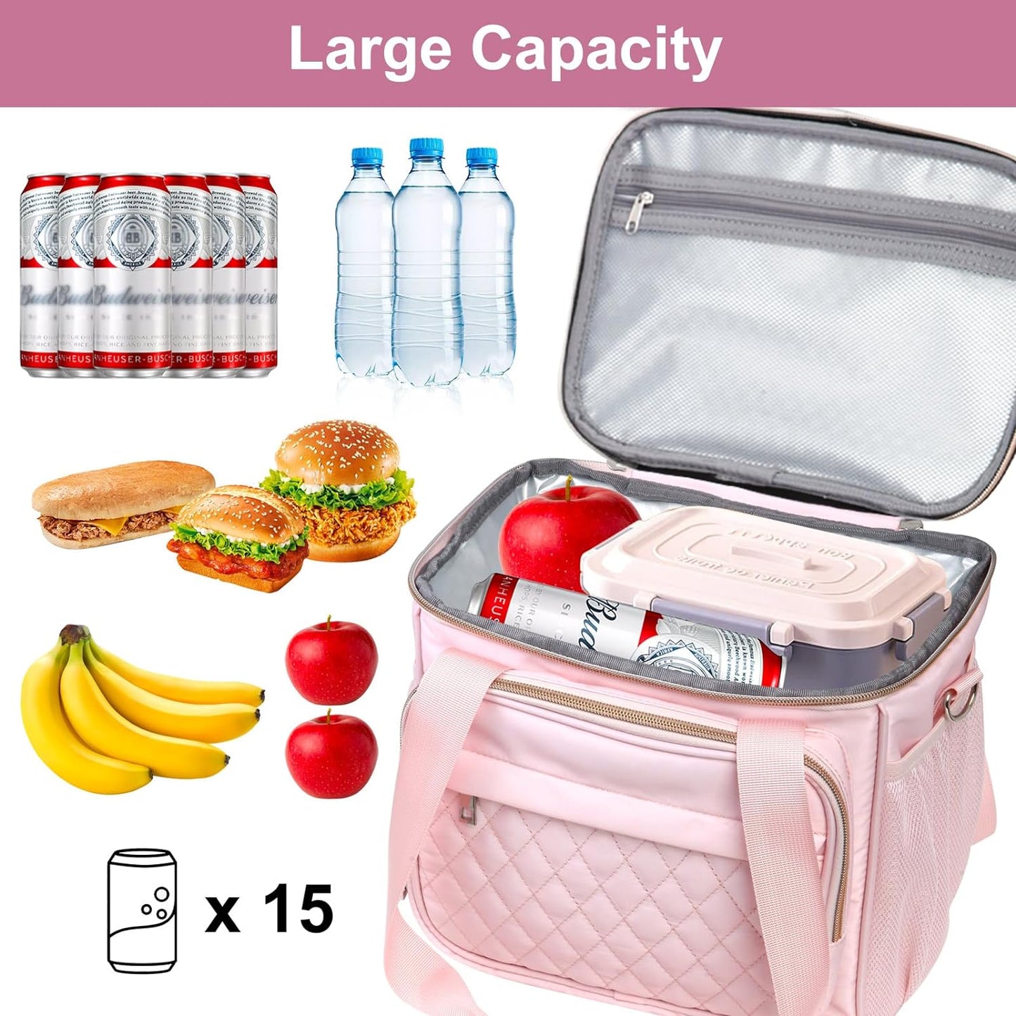 GLENKEY Insulated Lunch Box for Women, Lightweight Large Lunch Bag Leakproof Soft Cooler Bags with Shoulder Strap for Adults Work Flight Beach Travel, Pink, 12L