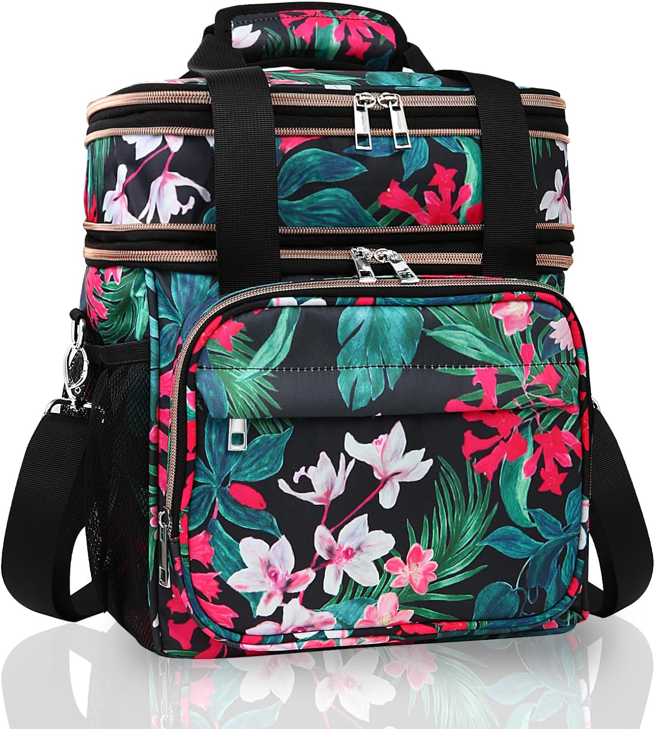 GLENKEY Expandable Lightweight Insulated Lunch Box for Women, Double Deck Large Lunch Bag Leakproof Soft Cooler Bags with Shoulder Strap for Adults Work Office Flight Beach Travel, Floral, 16L