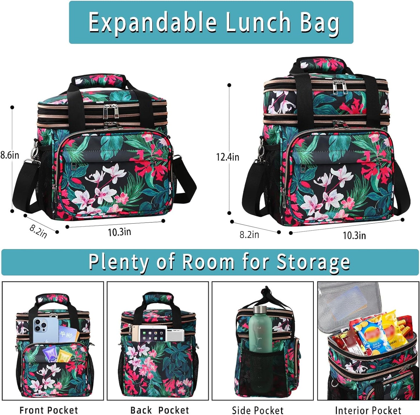 GLENKEY Expandable Lightweight Insulated Lunch Box for Women, Double Deck Large Lunch Bag Leakproof Soft Cooler Bags with Shoulder Strap for Adults Work Office Flight Beach Travel, Floral, 16L