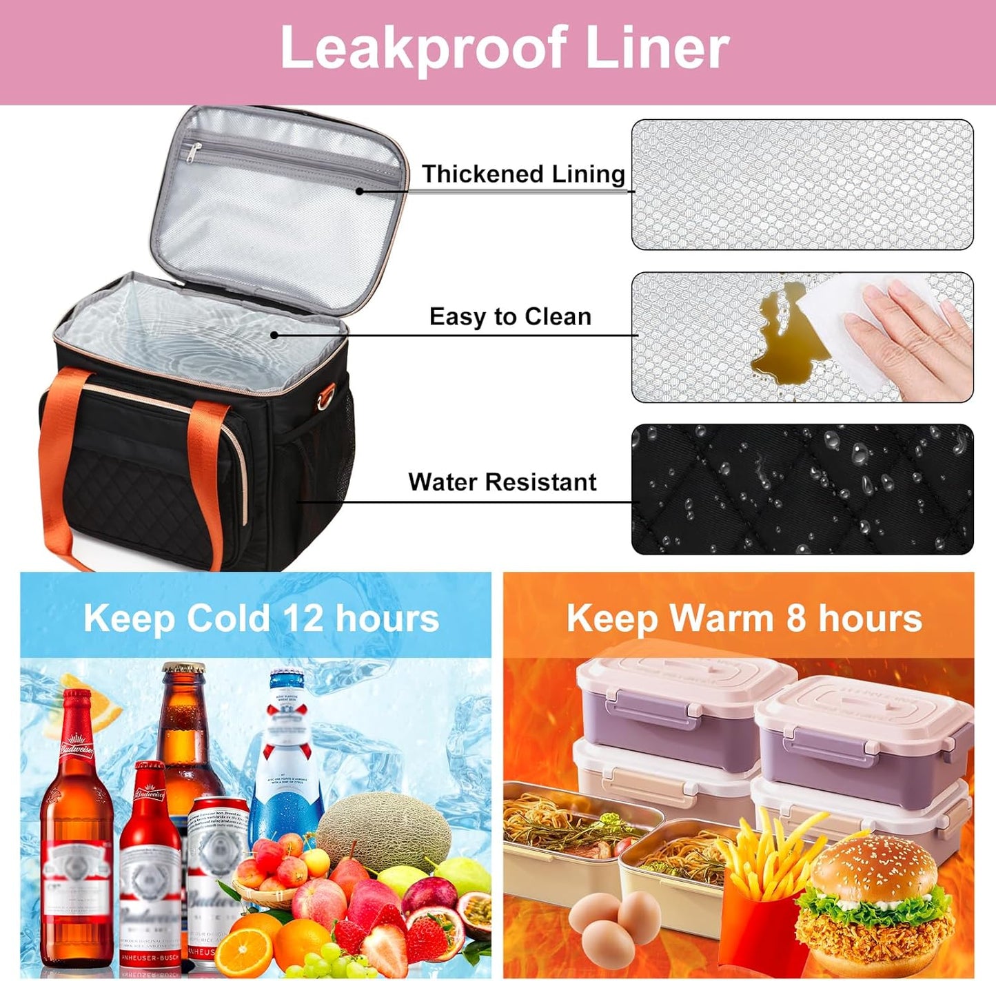 GLENKEY Insulated Lunch Box for Women, Lightweight Large Lunch Bag Leakproof Soft Cooler Bags with Shoulder Strap for Adults Work Flight Beach Travel, Black, 12L