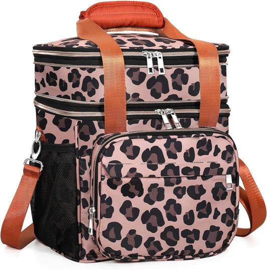 GLENKEY Expandable Insulated Lunch Box, Double Deck Lightweight Large Lunch Bag Tote Leakproof Cooler Bags for Women Adults Work Outdoor Picnic Daytrip, Leopard, 16L