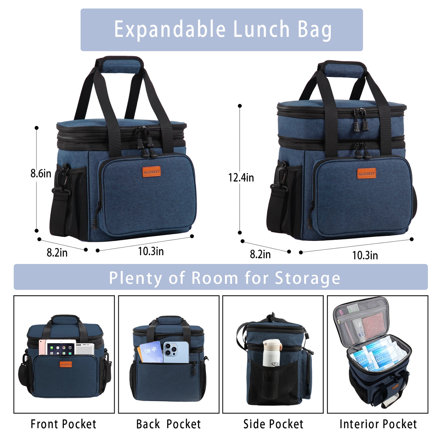 GLENKEY Expandable Large Lunch Box, Insulated Heavy Duty Lunch Bag Wat ...