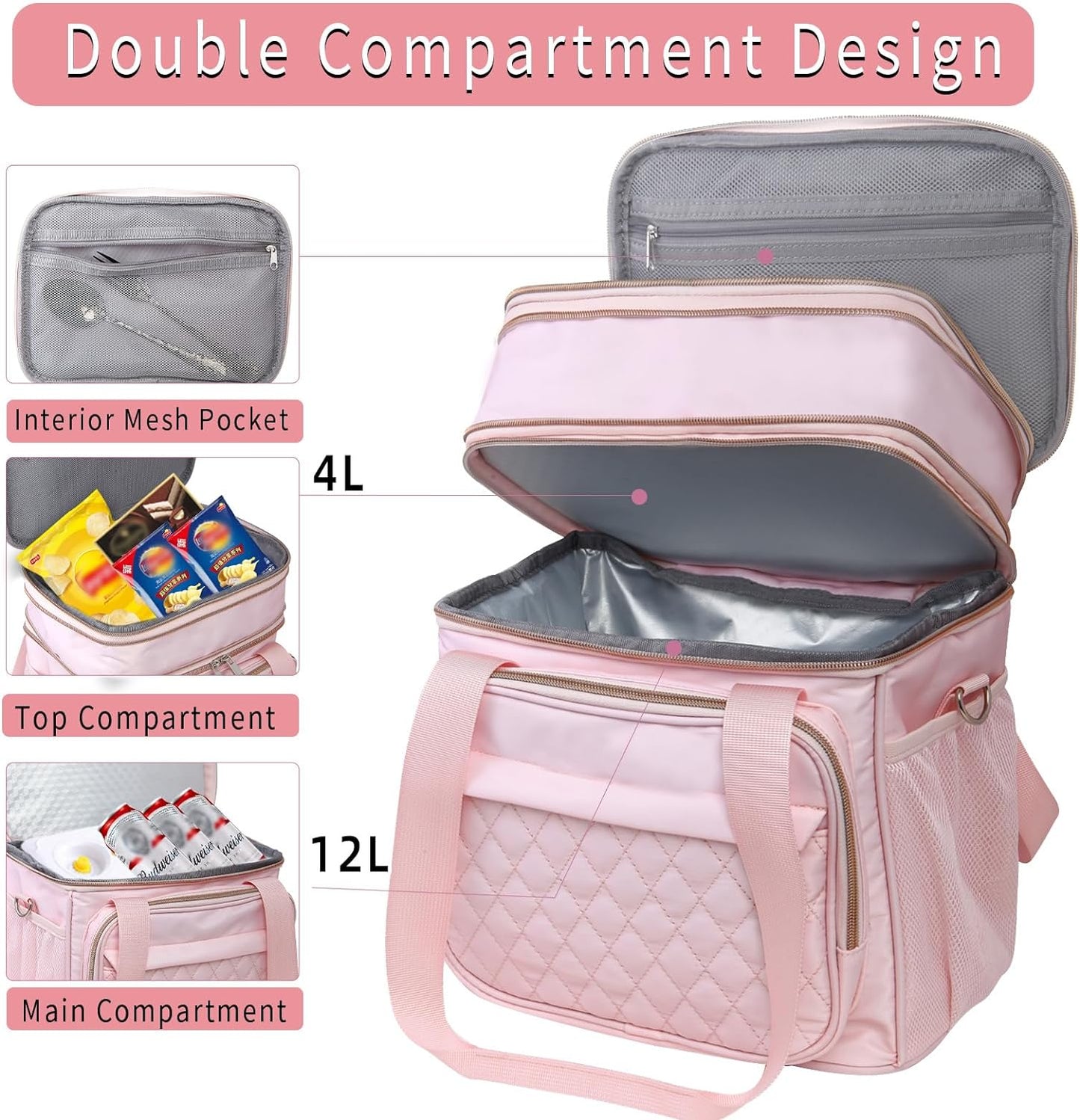 GLENKEY Expandable Lightweight Insulated Lunch Box for Women, Double Deck Large Lunch Bag Leakproof Soft Cooler Bags with Shoulder Strap for Adults Work Office Flight Beach Travel, Pink, 16L