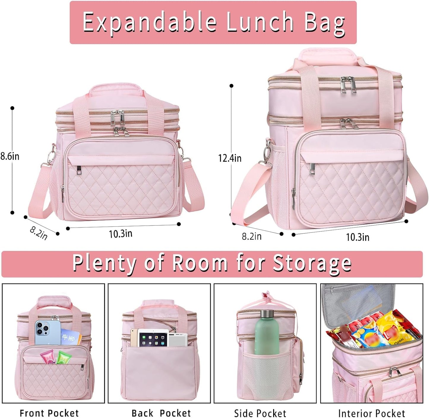 GLENKEY Expandable Lightweight Insulated Lunch Box for Women, Double Deck Large Lunch Bag Leakproof Soft Cooler Bags with Shoulder Strap for Adults Work Office Flight Beach Travel, Pink, 16L