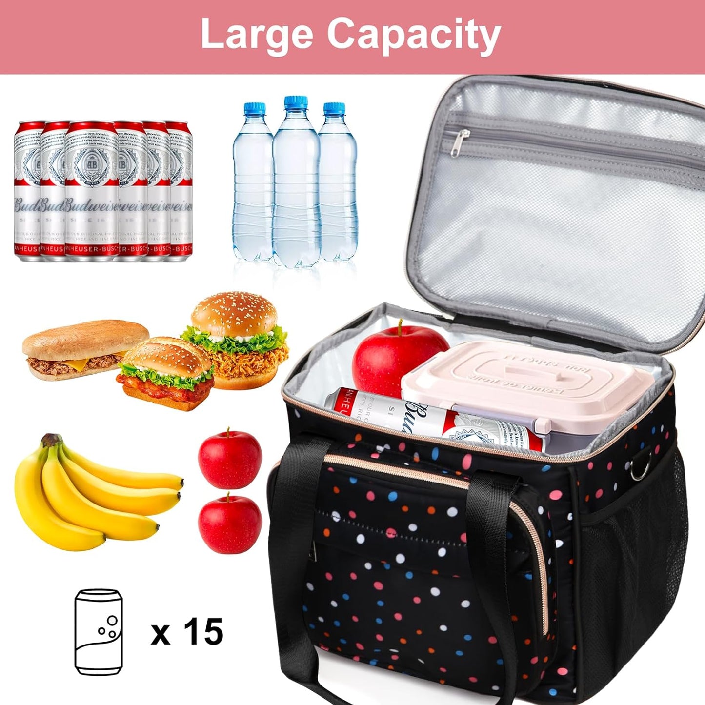 GLENKEY Insulated Lunch Box for Women, Lightweight Large Lunch Bag Leakproof Soft Cooler Bags with Shoulder Strap for Adults Work Flight Beach Travel, Polka Dots, 12L