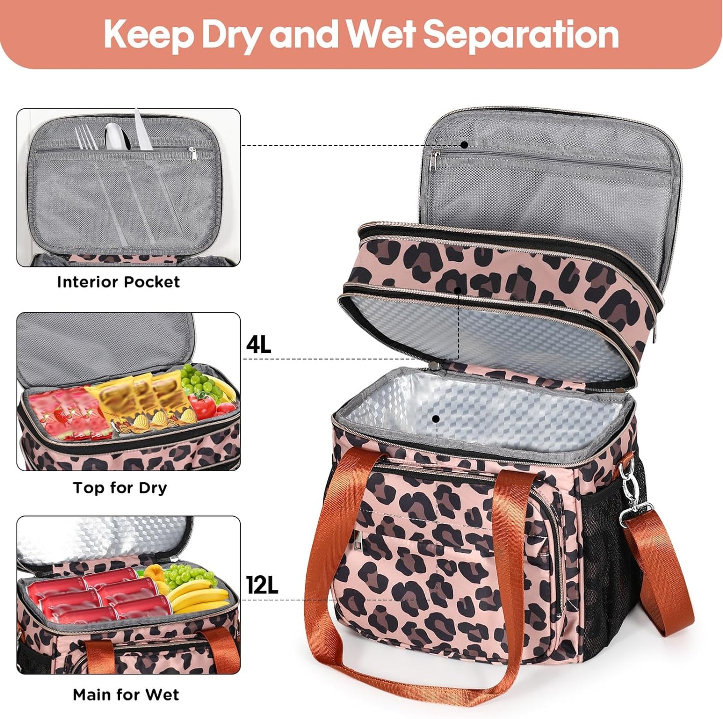 GLENKEY Expandable Insulated Lunch Box, Double Deck Lightweight Large Lunch Bag Tote Leakproof Cooler Bags for Women Adults Work Outdoor Picnic Daytrip, Leopard, 16L