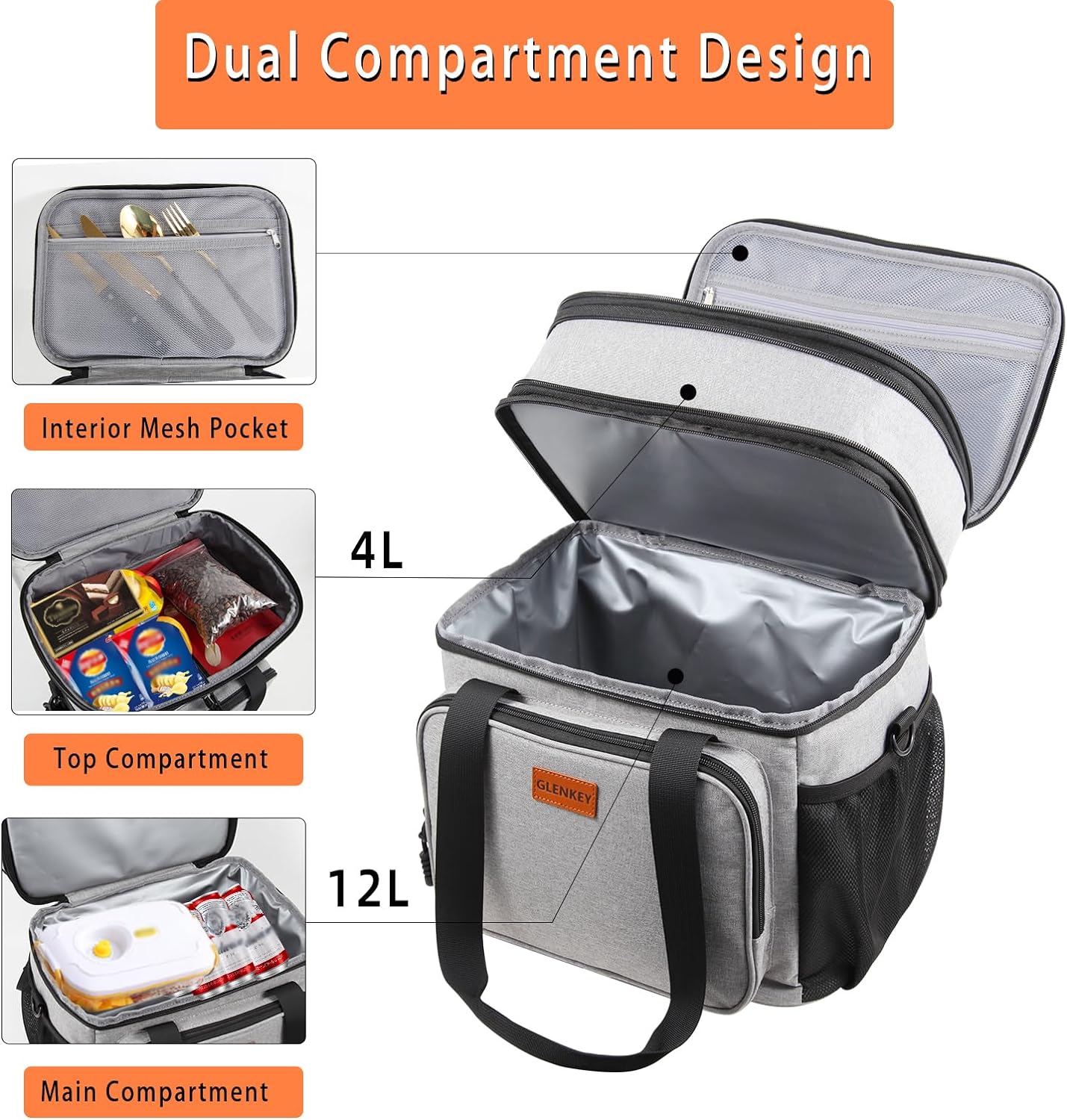 GLENKEY Double Deck Large Lunch Box, Insulated Heavy Duty Lunch Bag Waterproof Leakproof Durable Cooler Bag for Men Women Adults Work Picnic Camping Daytrip,16L,Grey