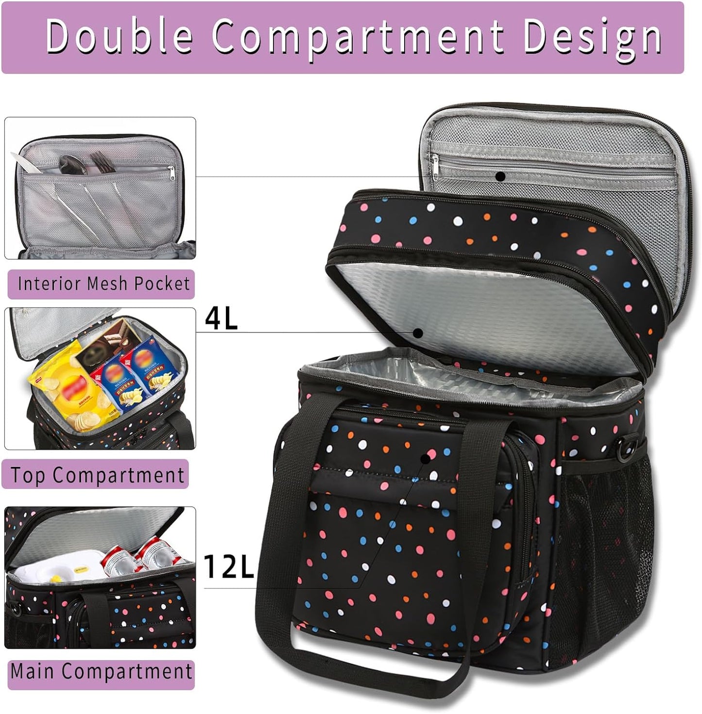 GLENKEY Expandable Lightweight Insulated Lunch Box for Women, Double Deck Large Lunch Bag Leakproof Soft Cooler Bags for Adults Work Office Flight Beach Travel, Polka Dots, 16L