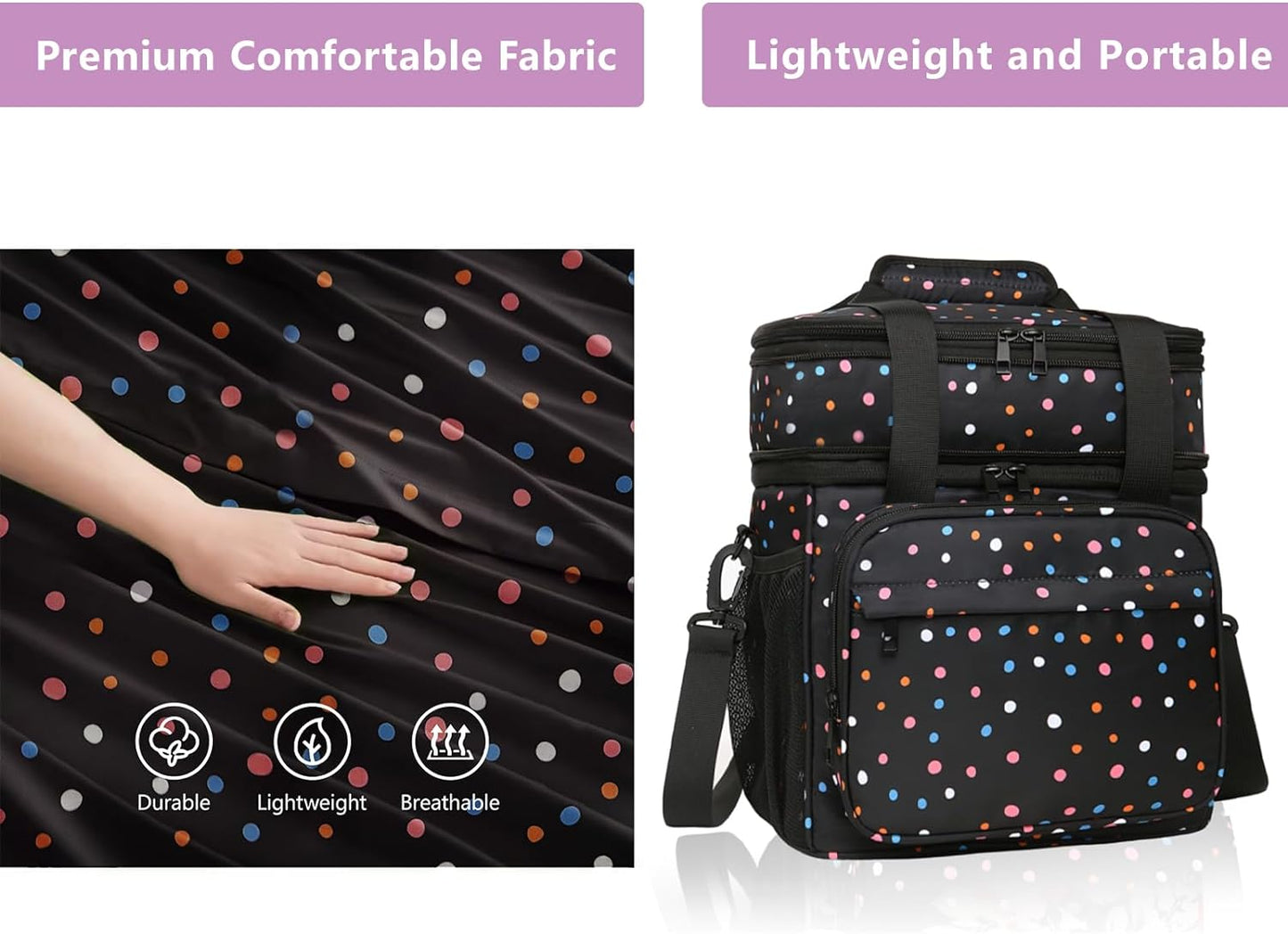 GLENKEY Expandable Lightweight Insulated Lunch Box for Women, Double Deck Large Lunch Bag Leakproof Soft Cooler Bags for Adults Work Office Flight Beach Travel, Polka Dots, 16L