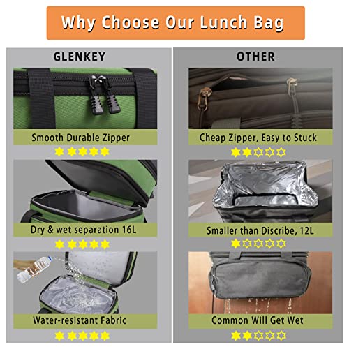 GLENKEY Expandable Large Insulated Lunch Box, Heavy Duty Lunch Cooler Bag Durable Leakproof Lunch Pail for Men Women Adults Work Shift Outdoor Picnic Camping Road Trip, 16L, Army Green