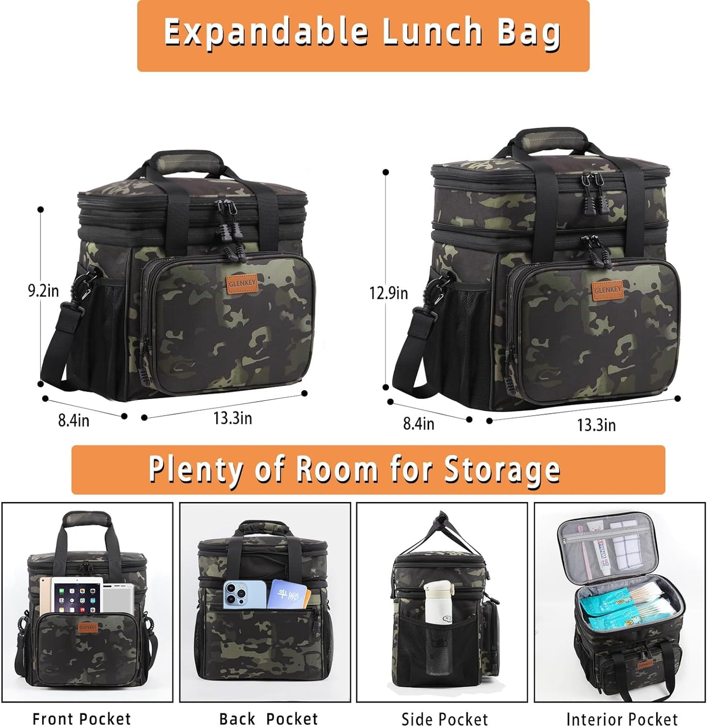 GLENKEY Expandable Xlarge Lunch Box, Insulated Heavy Duty Lunch Bag Waterproof Leakproof Durable Cooler Bag for Men Women Adults Work Construction Camping Trip, 25L, Black-Camo