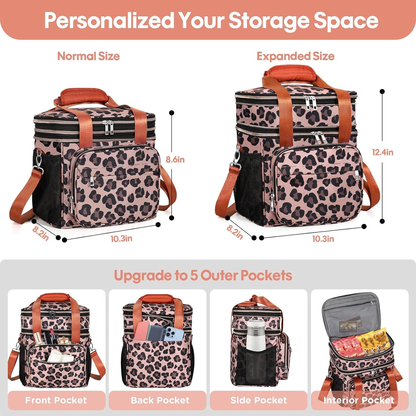 GLENKEY Expandable Insulated Lunch Box, Double Deck Lightweight Large Lunch Bag Tote Leakproof Cooler Bags for Women Adults Work Outdoor Picnic Daytrip, Leopard, 16L