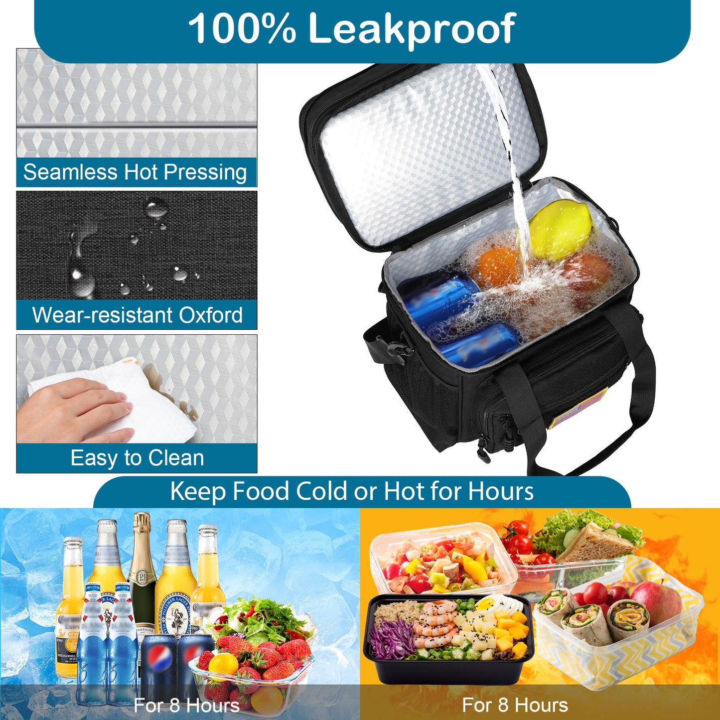 Double Deck Insulated Lunch Box, Expandable Large Lunch Bag Leakproof Cooler Bag Lunch Pail for Men Women Adults Work Shifts Travel Daytrip, Black