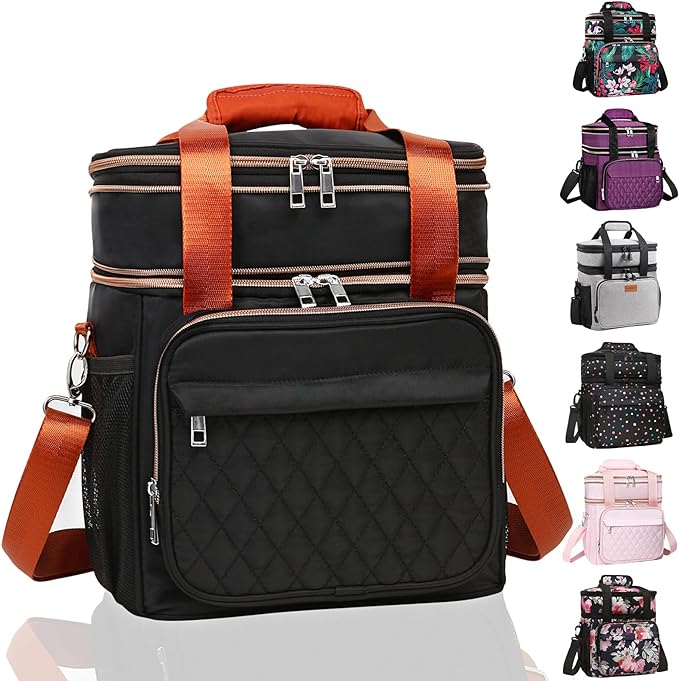 GLENKEY Expandable Lightweight Insulated Lunch Box for Women, Double Deck Large Lunch Bag Leakproof Soft Cooler Bags with Shoulder Strap for Adults Work Office Flight Beach Travel, Black, 16L