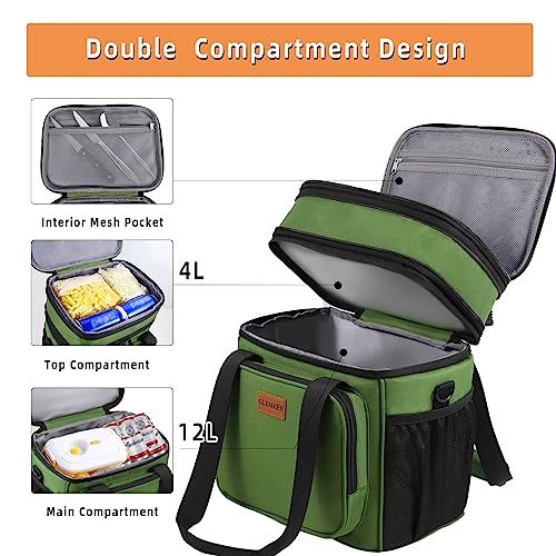 GLENKEY Expandable Large Insulated Lunch Box, Heavy Duty Lunch Cooler Bag Durable Leakproof Lunch Pail for Men Women Adults Work Shift Outdoor Picnic Camping Road Trip, 16L, Army Green