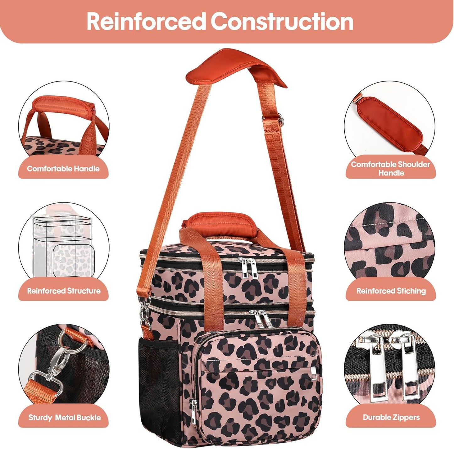 GLENKEY Expandable Insulated Lunch Box, Double Deck Lightweight Large Lunch Bag Tote Leakproof Cooler Bags for Women Adults Work Outdoor Picnic Daytrip, Leopard, 16L