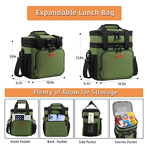 GLENKEY Expandable Large Insulated Lunch Box, Heavy Duty Lunch Cooler Bag Durable Leakproof Lunch Pail for Men Women Adults Work Shift Outdoor Picnic Camping Road Trip, 16L, Army Green