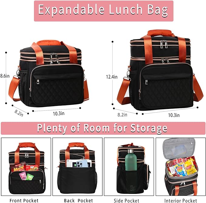 GLENKEY Expandable Lightweight Insulated Lunch Box for Women, Double Deck Large Lunch Bag Leakproof Soft Cooler Bags with Shoulder Strap for Adults Work Office Flight Beach Travel, Black, 16L